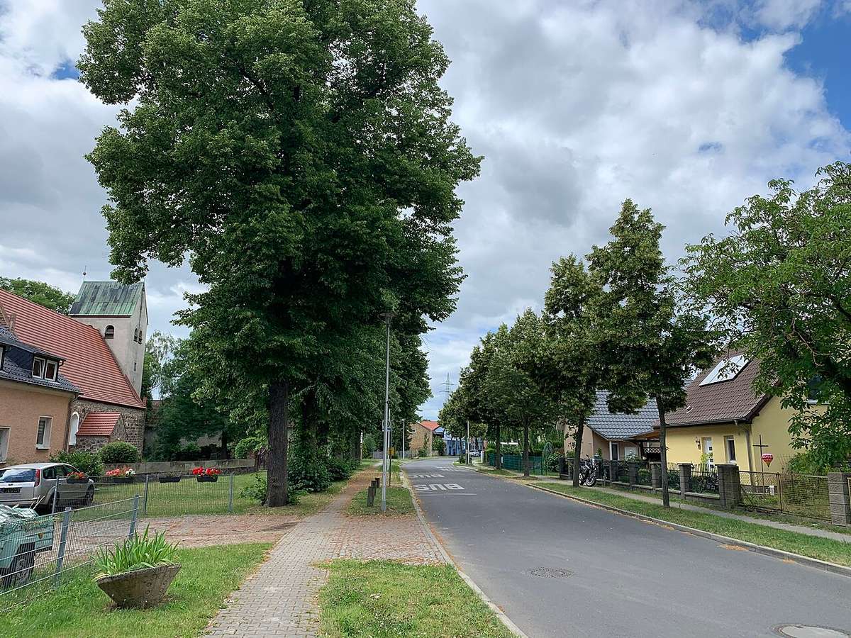 Dorfstraße im benachbarten Schönefelder Ortsteil Waßmannsdorf, 2020; keine Aufnahme der Pension.